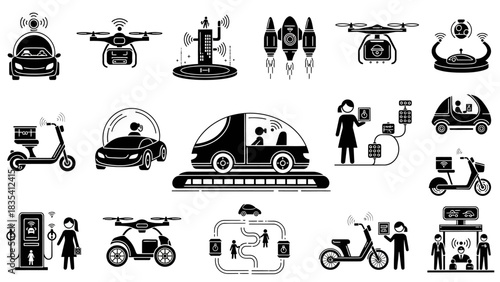 Illustrations showcasing the future of transportation and urban technology concepts