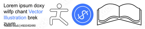 Fitness training, financial planning, education, personal growth, learning, wellness concepts. Stick figure in action, money icon and open book. Fitness and financial planning visually