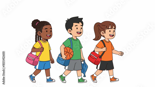 Three happy children walking together, carrying sports bags and a basketball, smiling and ready for activity.