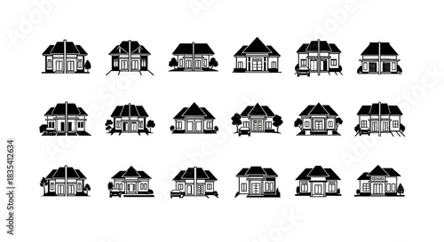 Diverse collection of residential house icons in a variety of architectural styles