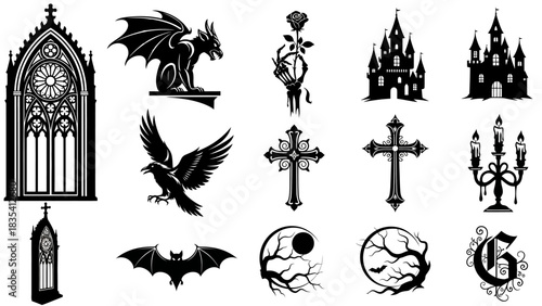 A collection of gothic and halloween themed vector elements with dark symbolism