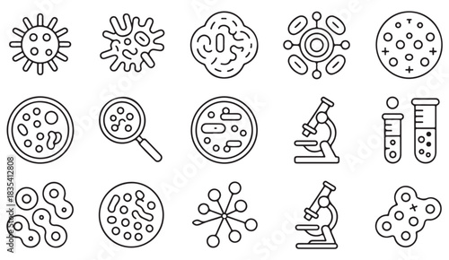 Minimal linear microbiology symbols including bacteria, viruses, lab glassware, petri plates, and diagnostic tool