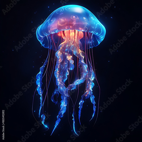 Bioluminescent jellyfish glowing in deep dark ocean waters