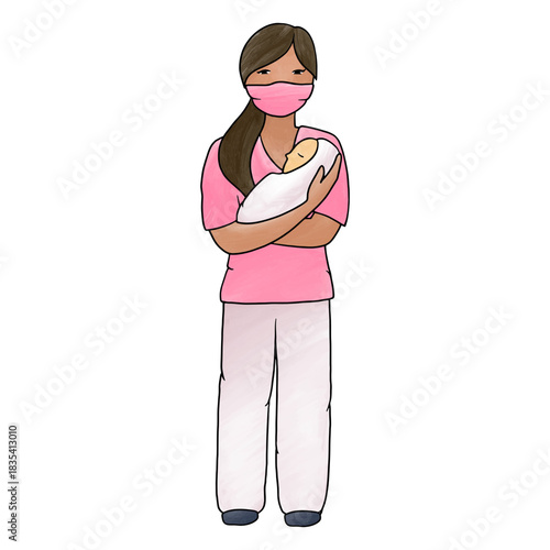 Nurse with facemask holding baby