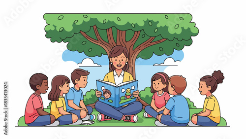 A teacher reading a storybook to a group of children under a tree, outdoors.