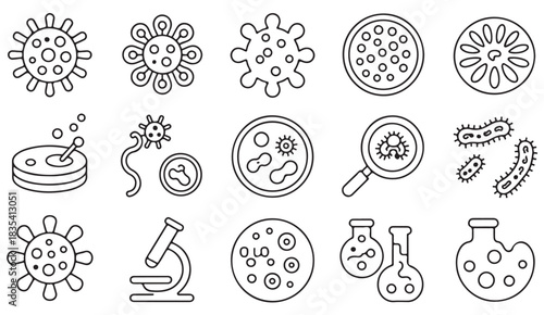 Medical microbiology outline icons of germs, pathogens, scientific instruments, and biotechnology elements for lab illustrations.