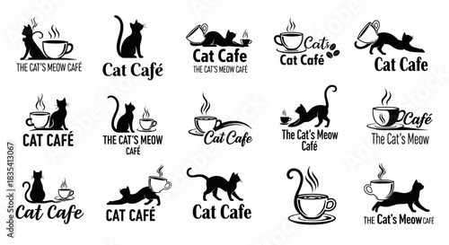Black and white vector illustration of cat cafe logos with creative designs