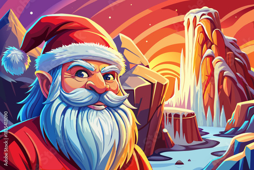 Santa stands beside a giant frozen waterfall where icy cliffs and crystal formations form an impressive winter Christmas setting