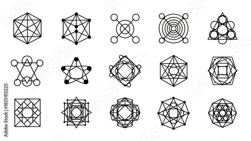 Collection of abstract geometric shapes and symbols isolated on white background creating artistic