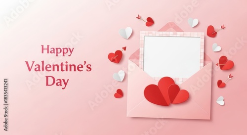 Happy valentines day greeting card with pink envelope and red hearts, blank space for message
