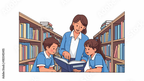 A female teacher reads a book to a boy and a girl in a library, surrounded by bookshelves filled with books.
