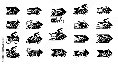 Monochrome cycling icons with arrow symbols promoting eco friendly transportation solutions