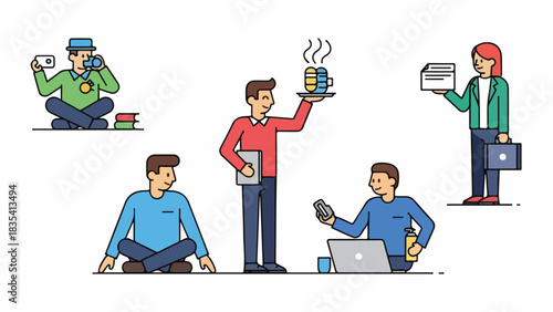 A diverse group of individuals engaging in various activities, including work and leisure, in a vibrant, outlined illustration.
