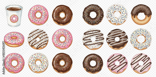A collection of various glazed and sprinkled donuts with a cup of coffee, set against a transparent background.