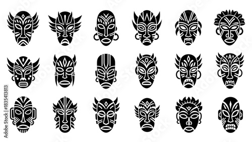 Black and white graphic pattern featuring tribal masks with varying designs and details for a