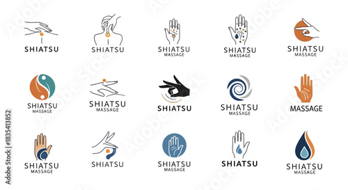 Collection of Shiatsu Massage Logo Designs Featuring Hands and Energy Points for Wellness