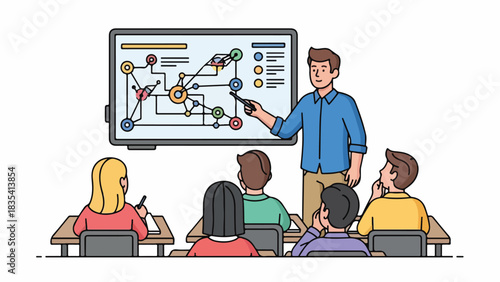 A man presenting a complex diagram on a screen to a group of students in a classroom setting.