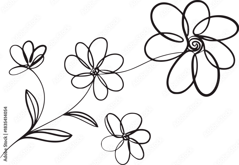 Fototapeta premium Black line art flowers on white background floral