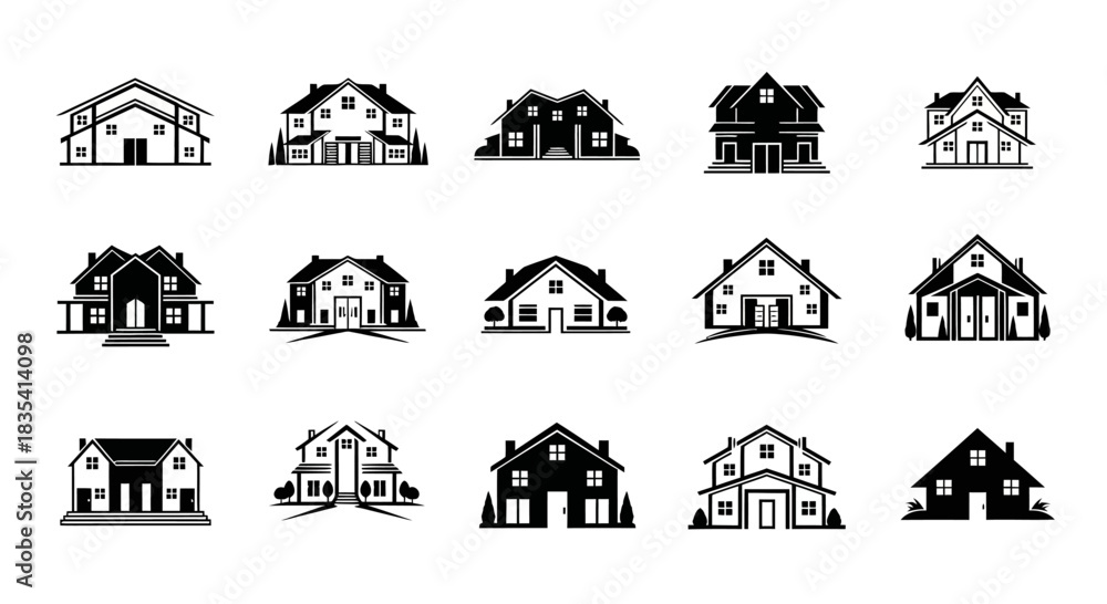 Naklejka premium Monochrome collection of various house icon vectors, suitable for real estate and home design