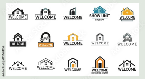 Collection of diverse house logos with welcome messages for real estate firms