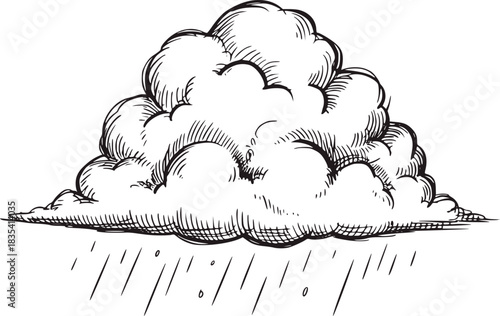 Black and white sketch of a rain cloud with falling rain