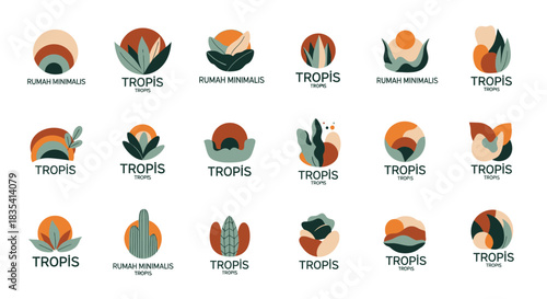 Collection of minimalist logo design variations featuring abstract shapes and earthy color palettes