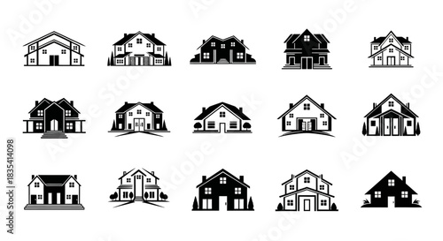 Monochrome collection of various house icon vectors, suitable for real estate and home design