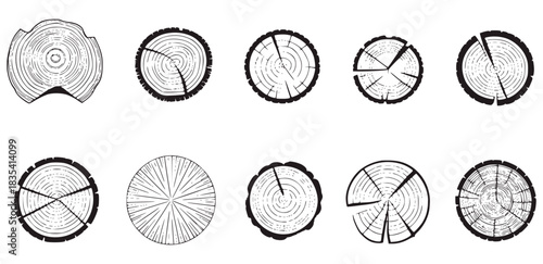 Ten black and white illustrations of tree trunk cross sections