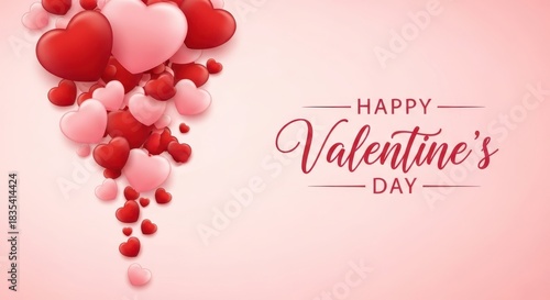 Happy valentines day greeting with a cascade of red and pink hearts on a soft pink background