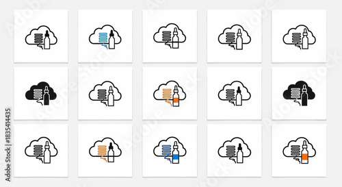 Collection of Cloud Data Icons with Medical Vial for Data Storage and Health Concept