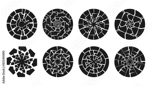 Diverse Cracked Glass Patterns: Vector Illustration Set Depicting Fragmentation and Destruction in