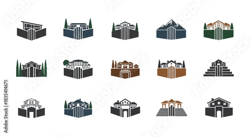 Diverse architectural property logo set showcasing various building styles in geometric designs
