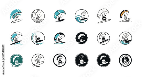 Collection of diverse kitesurfing logo designs featuring stylized waves and vibrant colors for