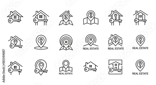 Elegant real estate logo designs featuring houses, keys and location pins to illustrate property
