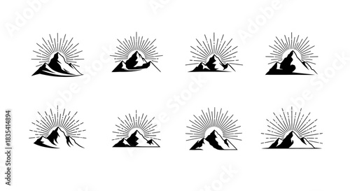 Collection of Minimalist Mountain Logos with Sunburst Radiating from the Peaks design