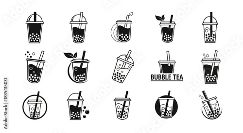Collection of minimalist bubble tea icons in various styles, perfect for logo or sticker design