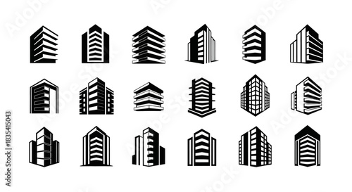 Diverse vector set of modern building icons with architectural design elements in black and white