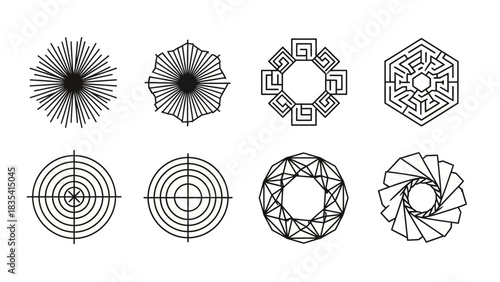 Collection of Geometric Shapes and Abstract Design Elements with Radial Symmetry