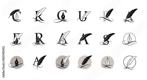 Elegant initial letter logo designs featuring quill pens and stylish typography