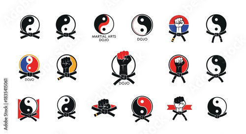 Collection of Diverse Martial Arts Logos Featuring the Yin Yang Symbol and Black Belts