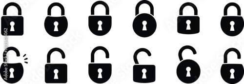 privacy, various, design, black, white, data, states, position, description:, locked, safety, key, simple, collection, silhouette, access, showing, padlock, digital, shown