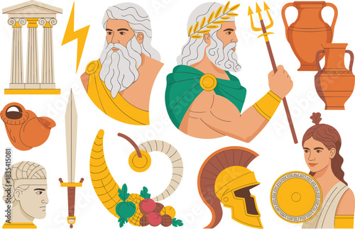 Ancient Greek mythology illustrations with gods temples laurel wreath armor pottery scrolls fruit bowl and classical cultural elements