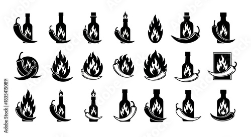 Collection of black and white vector icons of spicy chili peppers and hot sauce bottles offering