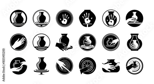 Black and white icon set illustrating the art of pottery and handcrafting ceramic vases
