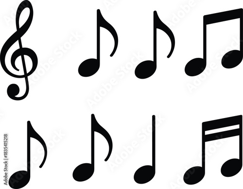 Black and white illustration of musical notes and treble clef, classic music symbols for education, design elements, posters, sheet music and creative projects