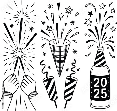 Hand-Drawn Style Vector Set of New Year's Eve Celebration Elements, Including Hands Holding Sparklers, Firecrackers, and a Champagne Bottle for 2025