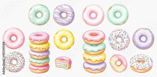 A collection of watercolor pastel donuts with various frostings and sprinkles, including stacks and individual pieces on a transparent background.