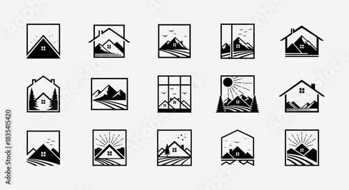 Monochrome collection of minimalist home and mountain landscape logos in geometric frames