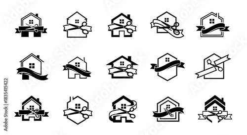 Collection of black and white house opening ceremony logo concept vectors icon set