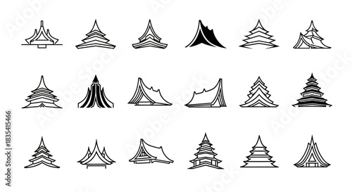 Various architectural structures, including traditional houses and pagodas icons set design